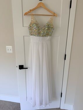 La Femme White Illusion Bodice Gown with Iridescent Gem Embellishments